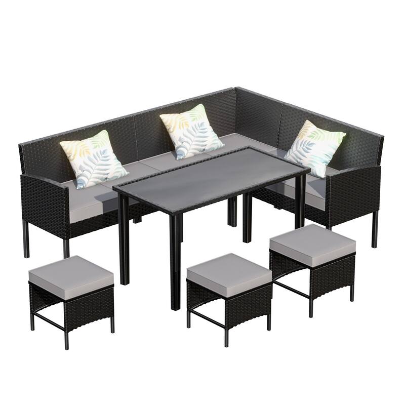7-Piece Small Space Patio Outdoor Furniture Set w/Waterproof Cushions & Glass Table,for Backyard/Garden/Terrace