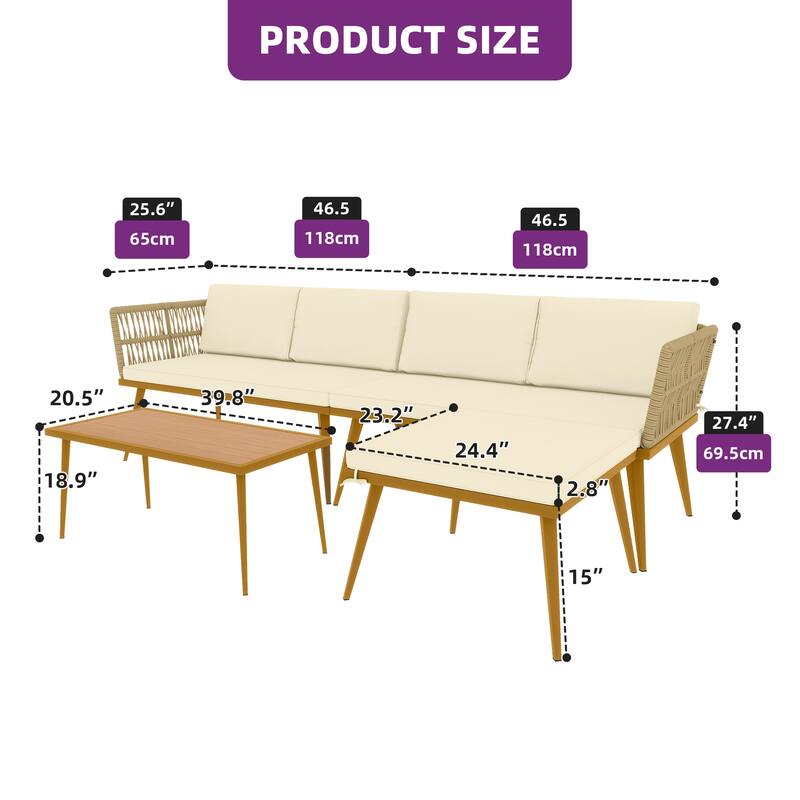 Moasis 4 Pieces Patio Conversation Set Sectional L-Shaped Sofa with Cushions and Side Table