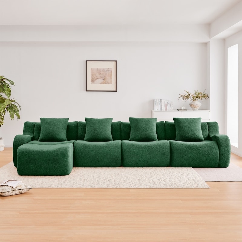 Modern Boneless Teddy Fabric Sectional Sofa with High Density Sponge - Green
