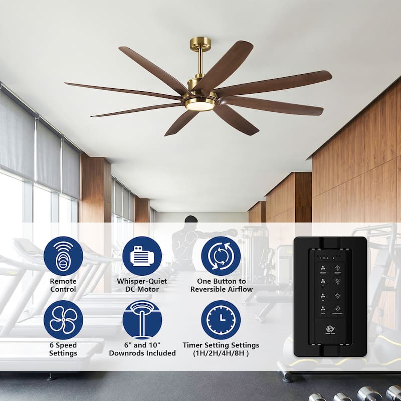 72" Gold Transitional Walnut 8 ABS Blades Propeller Ceiling Fan with Dimmable LED Light and Remote Control, DC Motor