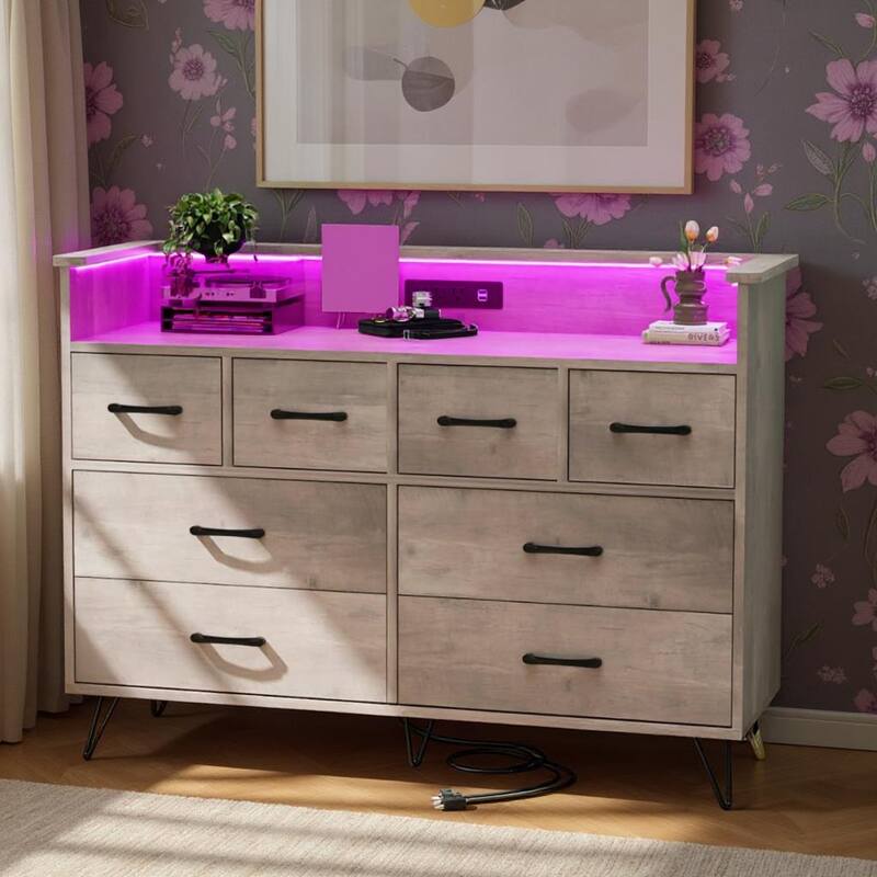 8 Drawer Wood Dresser, with Power Outlet and LED Lights - Antique Light Color