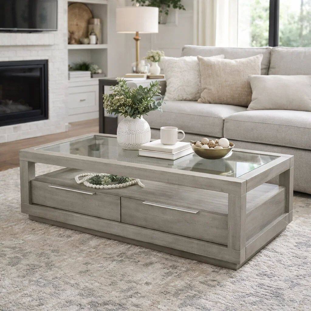 Wave 54 Inch Coffee Table, Glass Top, 2 Drawers, Natural Gray Acacia Wood