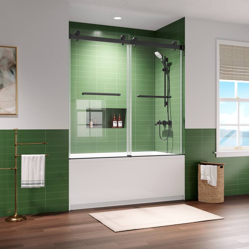 60x60 Frameless Bathtub Sliding Shower Door, 8mm Tempered Glass, Matte Black, Stainless Rollers, 4 in Adjustable