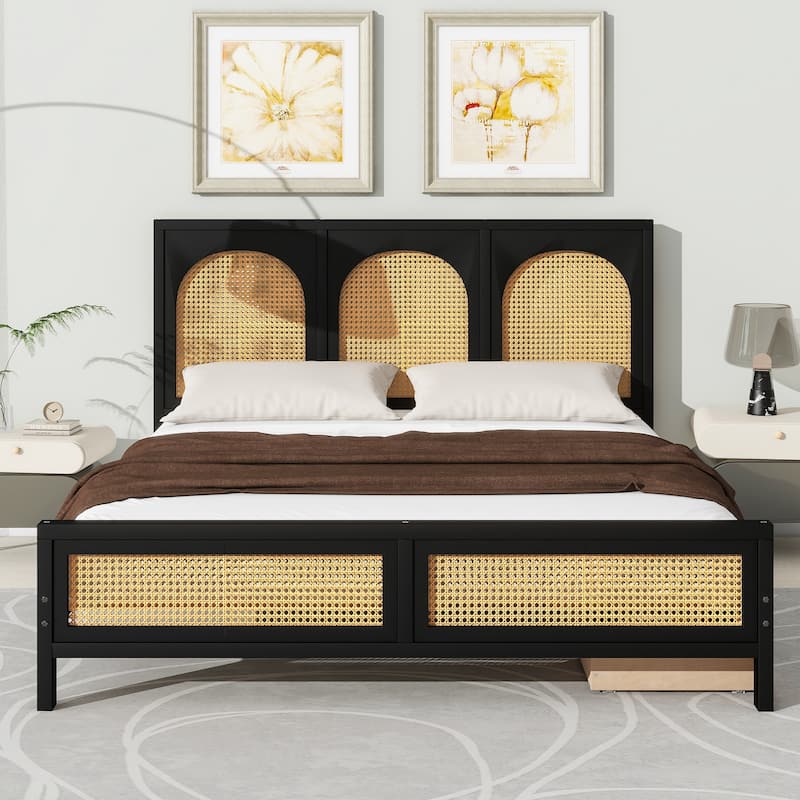 Queen Size Wood Platform Bed with Rattan Headboard, Footboard, and Storage Drawers