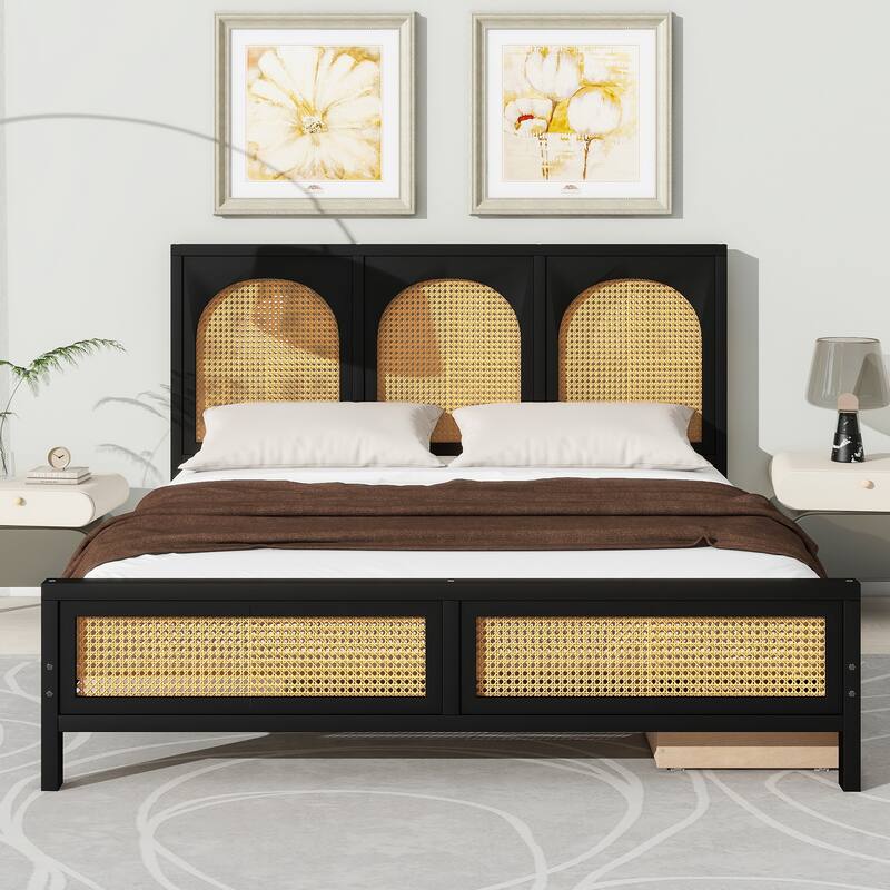 Queen Size Wood Storage Platform Bed with 2 Drawers and Wood Slats, Rattan Headboard and
