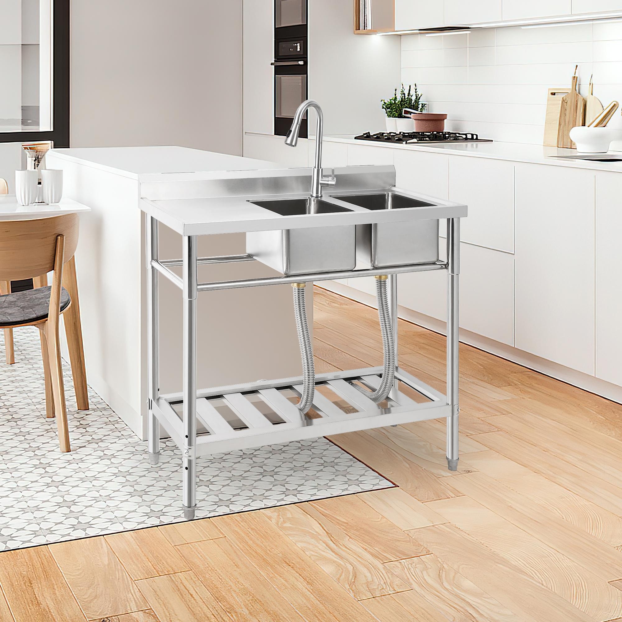 Stainless Steel Utility Sink - Commercial Double Bowl Kitchen Sink with Pull Out Faucet & Hot Cold Water Pipe