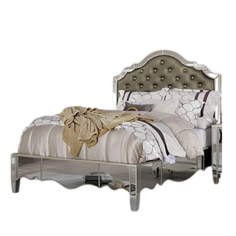 Mila Queen Bed, Carved Button Tufted Faux Leather Upholstery, Mirrored, Silver