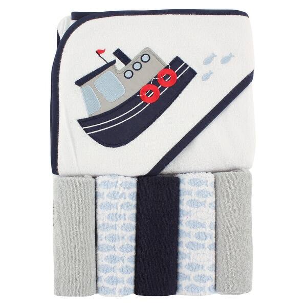slide 1 of 1, Luvable Friends Baby Boy Hooded Towel with Five Washcloths, Tugboat, One Size - Tugboat - One Size One Size - Tugboat