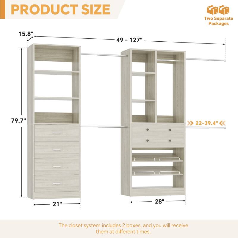 Set of 2 Closet Organizer System with Wood Drawers, Amoire Wardrobe with Hanging Rods