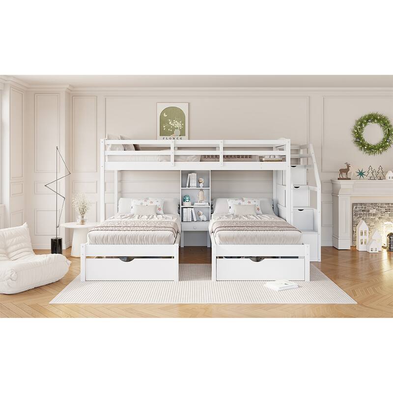 Roomfitters Twin Over Twin and Twin Triple Bunk Bed with Drawers and Storage Shelves