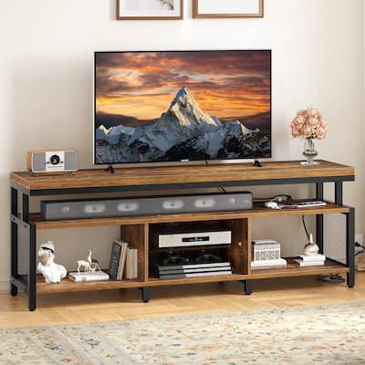 Industrial Wood TV Stand with LED Light with Open Storage Shelves Power Outlets Bluetooth Remote