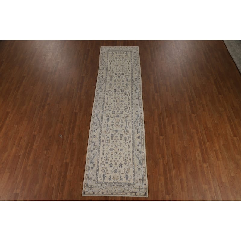 Vegetable Dye Beige Oushak Turkish Runner Rug Hand-Knotted Wool Carpet - 3'2" x 11'10"