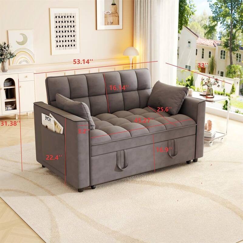 Anmytek Modern Velvet Small Loveseat Pull Out Sleeper Sofa Bed with Pillows and Side Pockets
