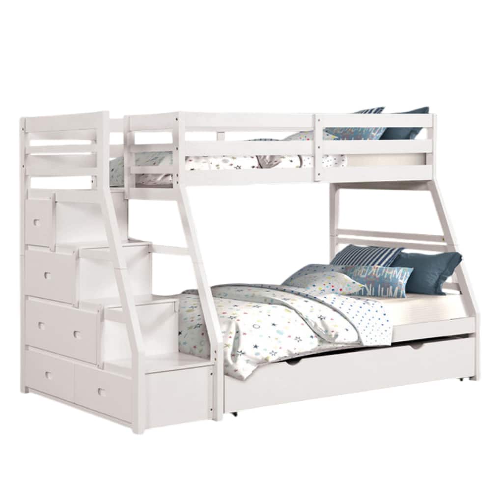 Ellon Twin over Full Bunk Bed, Trundle, White Wood, Storage Drawers