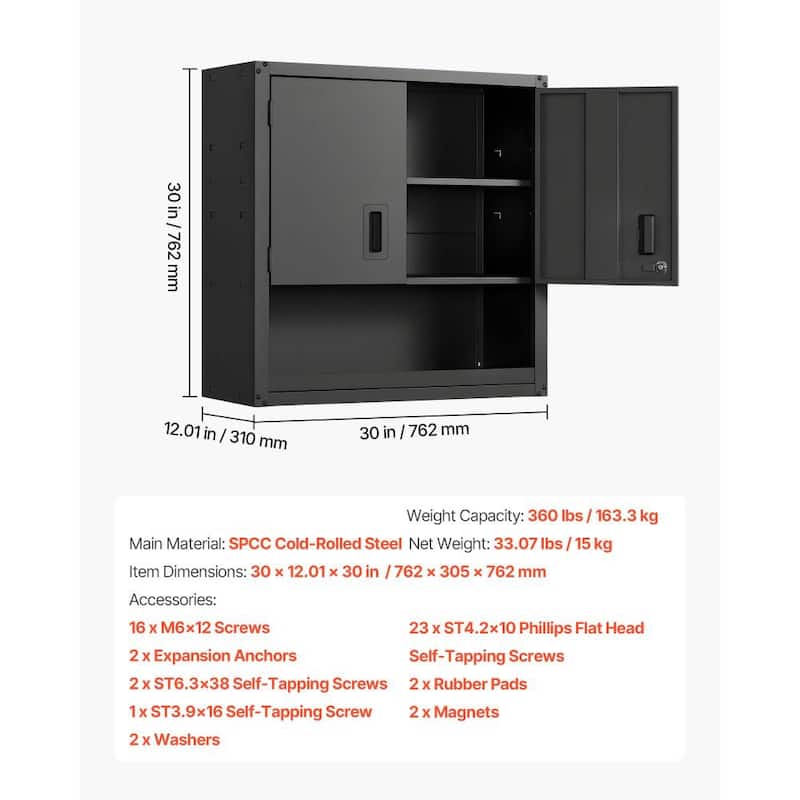 30 Inch Matte Black Metal Wall Storage Cabinet with Adjustable Shelves and Lockable Doors - 30” x 12.01” x 30”