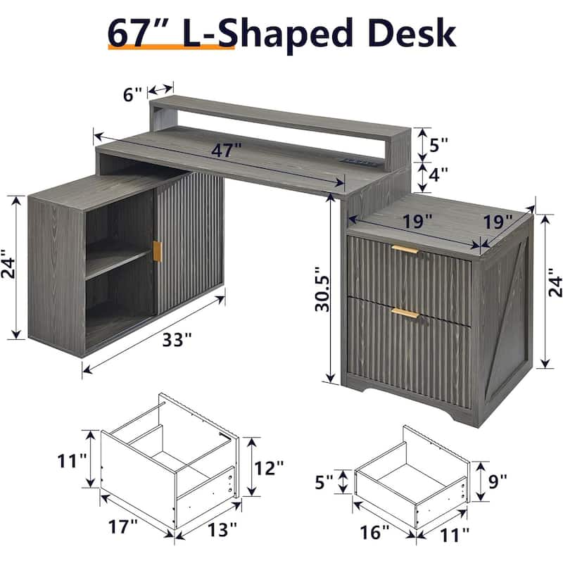 67" Modern L Shaped Desk, Wood Home Office Desk with Charging Station
