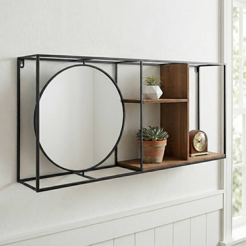 Wall Mount Shelf - Black Metal Brown Wood with Mirror - 34.0"