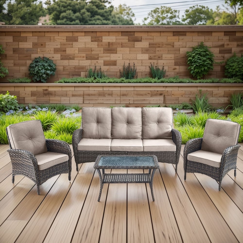 Gymojoy 4-Piece Outdoor Wicker Patio Furniture with 3 Seat Sofa, Rattan Coversation Set with Water Resistant Cushions