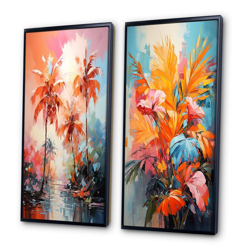 Designart "Orange Pink Palm Trees Abstract" Palms & Palm Trees Framed Wall Art Set Of 2 - Wall Set For Home Decor