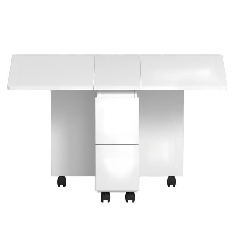 4-Person Drop-Leaf Dining Set‌ – Foldable Table + 4 Chairs, 47.2" x 23.6" x 30.3", White with Storage & 6 Wheels