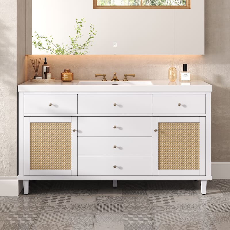 60" Bathroom Vanity with SMC Sink Bathroom Storage Cabinet with 5 Soft Close Drawers and Rattan Doors - White