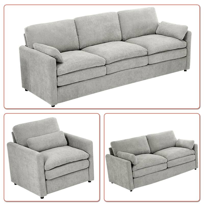 Modern Minimalist Chenille Fabric Upholstered 3-Pieces Living Room Set with a Chair, a 2-Seater Sofa and a 3-Seater Sofa
