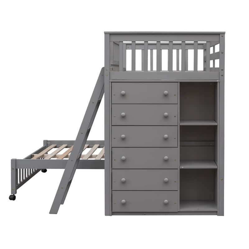 Twin Over Full Bunk Bed with 6 Drawers, Flexible Shelves and GuardRail