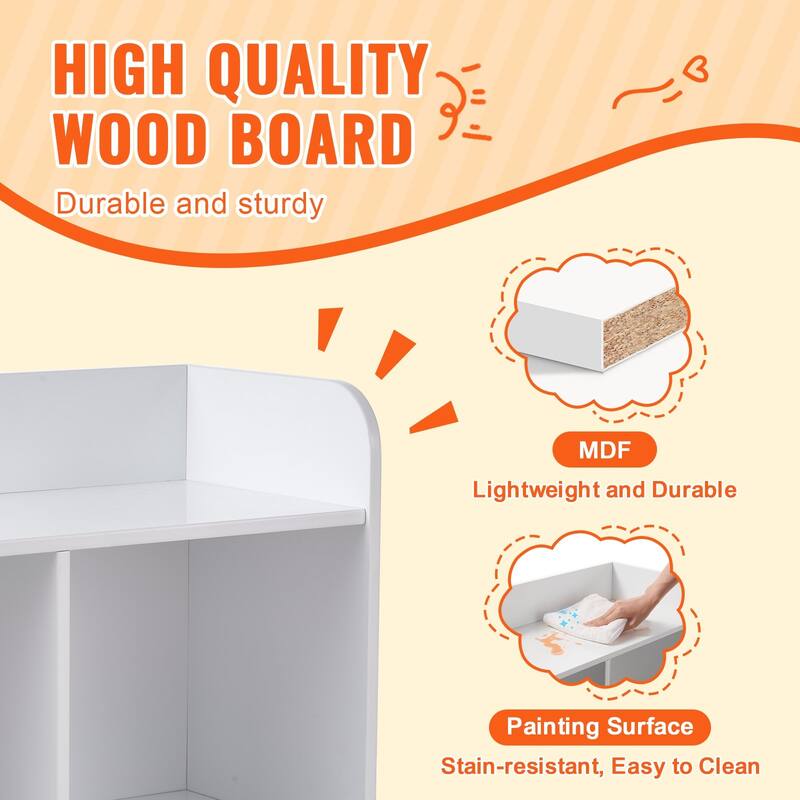 White Kid Toy Storage Cubby Organizer with Bookshelf and 5 Compartment Perfect for Nursery and Playroom - 35” × 16” × 30”