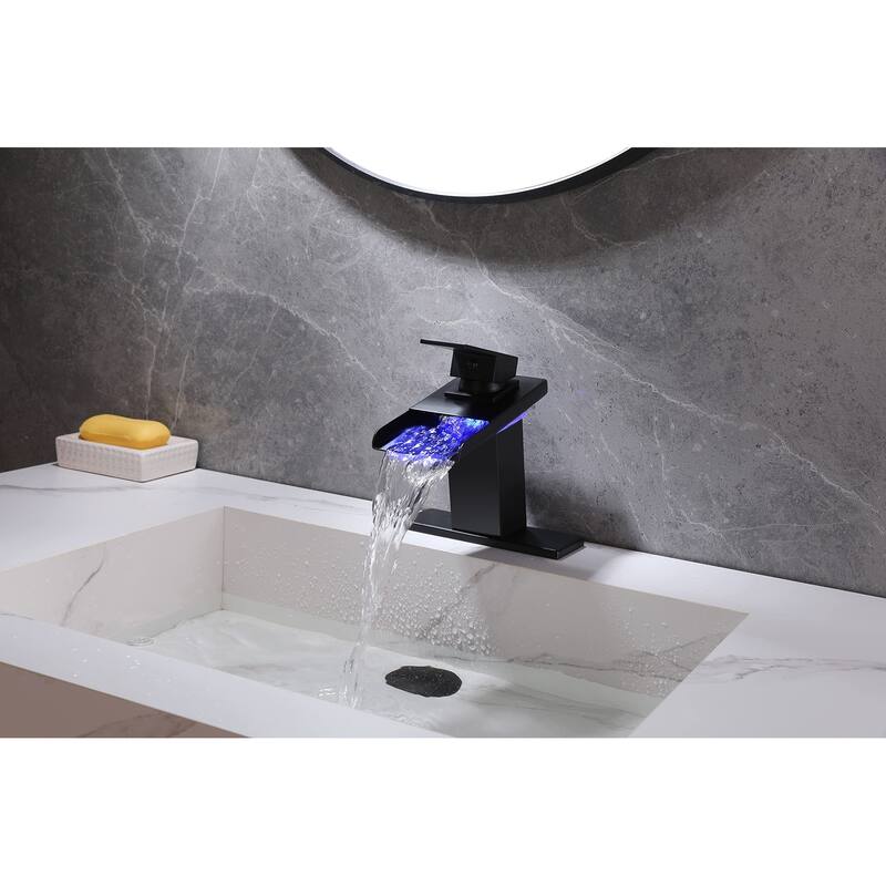 Matte Black Waterfall 3 Color LED Single Handle Bathroom Sink Faucet, Pop Up Brass Overflow Drain