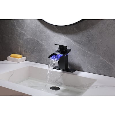 Matte Black Waterfall 3 Color LED Single Handle Bathroom Sink Faucet, Pop Up Brass Overflow Drain