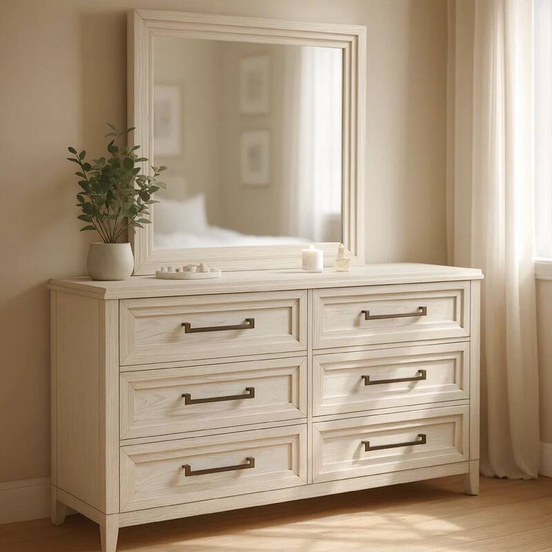 Leva Wide Dresser with Mirror, 6 Drawers, Distressed White Wood Frame