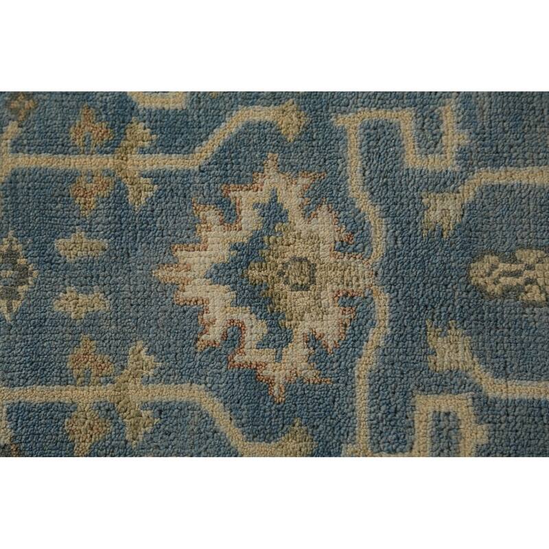 Blue Geometric Oushak Indian Runner Rug Hand-Knotted Wool Carpet - 2'7"x 7'9"