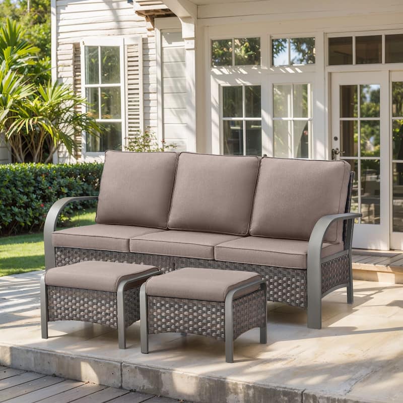 Outdoor 3 Seater Sofa with Ottoman Patio Furniture Set - Grey - Brown