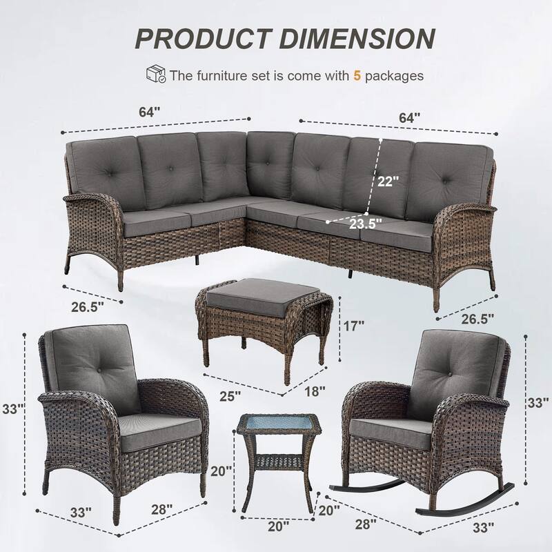 Gymojoy L-Shaped Outdoor Sectional Sofa Set with Rocking Chairs & Side Table