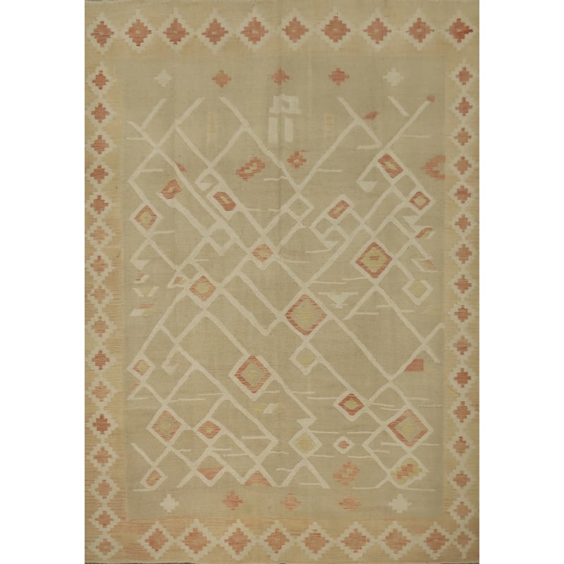 Hand Woven Oriental 100% Wool Carpet Southwestern Tribal Beige & Ivories Kilim Area Rug - 9' 10'' X 8' 0''