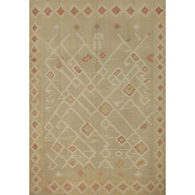 Hand Woven Oriental 100% Wool Carpet Southwestern Tribal Beige & Ivories Kilim Area Rug - 9' 10'' X 8' 0''