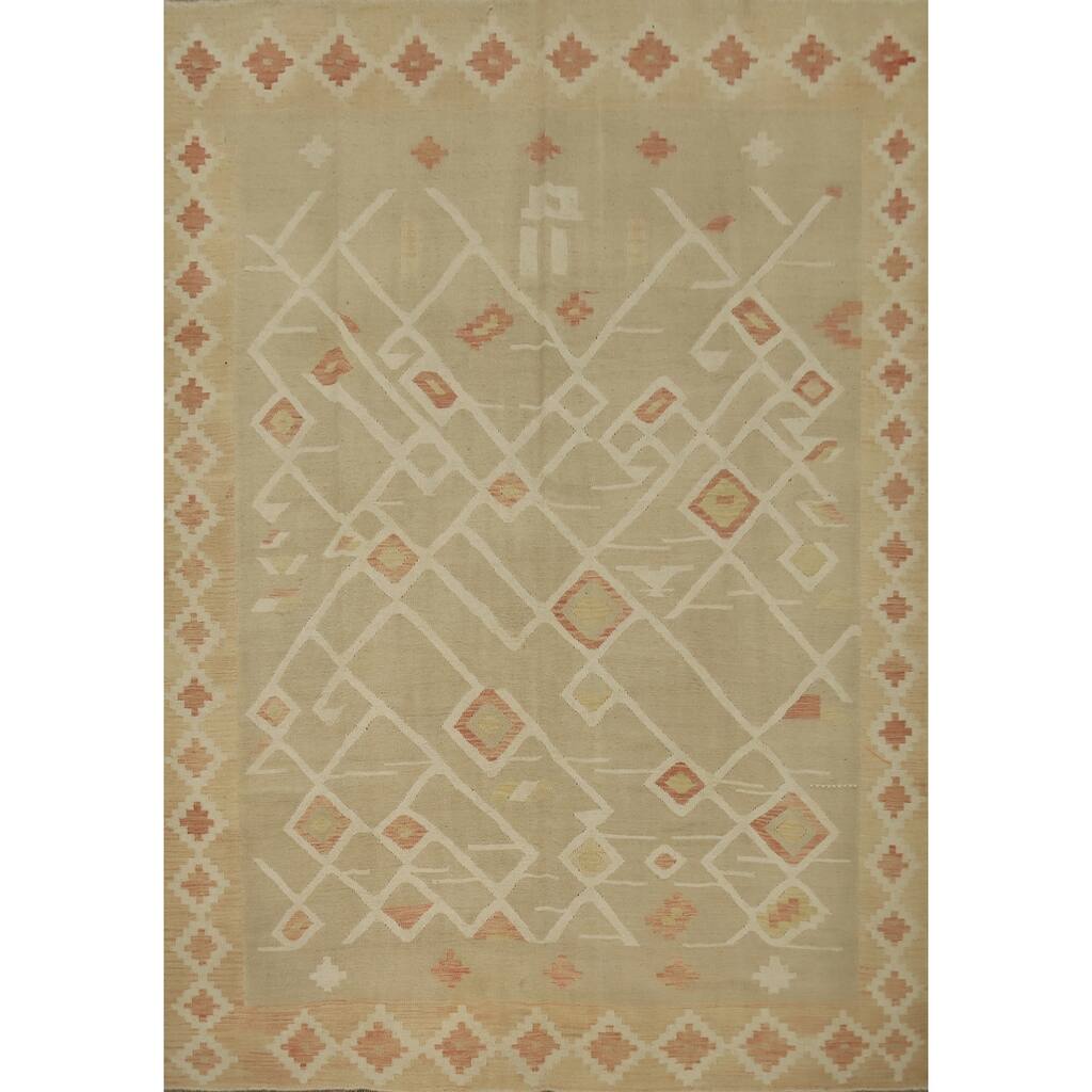 Hand Woven Oriental 100% Wool Carpet Southwestern Tribal Beige & Ivories Kilim Area Rug - 9' 10'' X 8' 0''