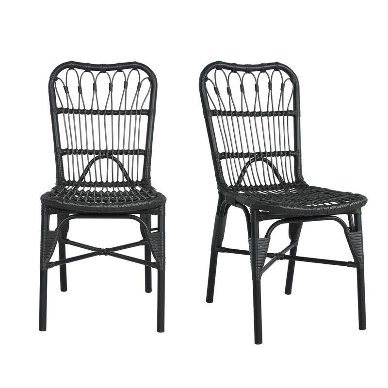 Set of 2 Outdoor PE Wicker and Iron Frame Dining Chairs, No Assembly