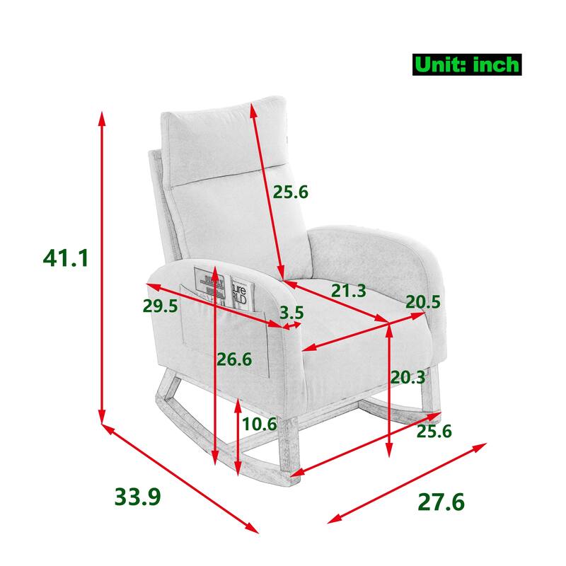 Dark Grey Modern 27.6" High Back Upholstered Rocking Chair with Two Side Pocket and Sturdy Thickened Rubber Wood Base