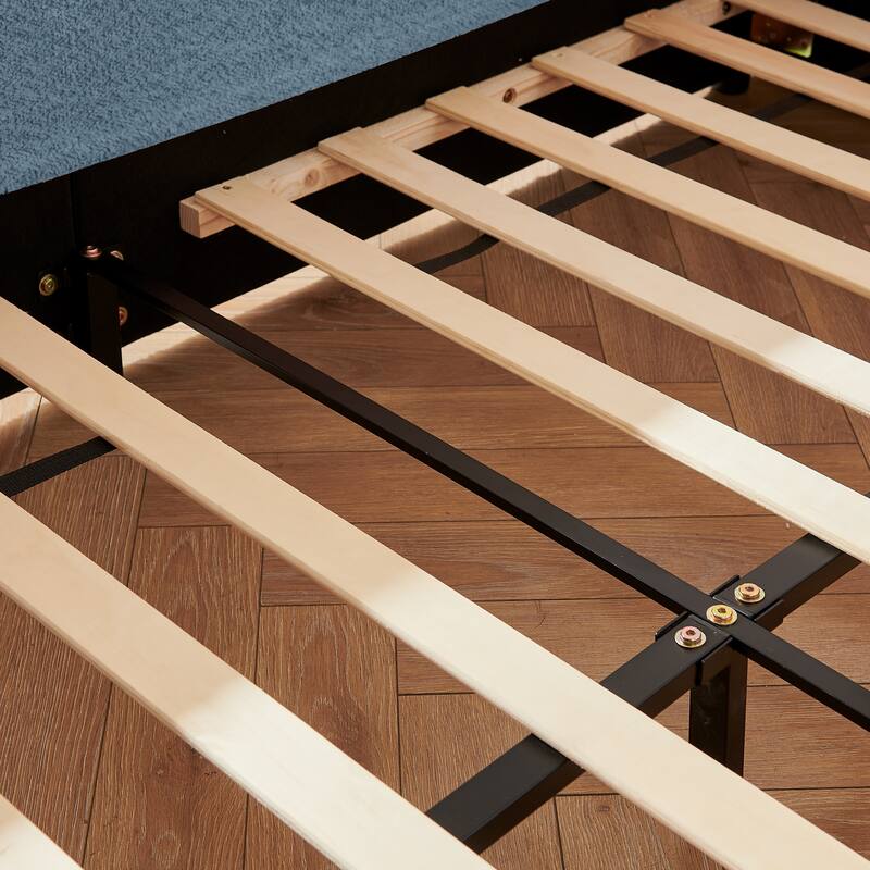 Full Size Upholstered Platform Bed with Bunny Ear Headboard, Safety Rail & Pocket