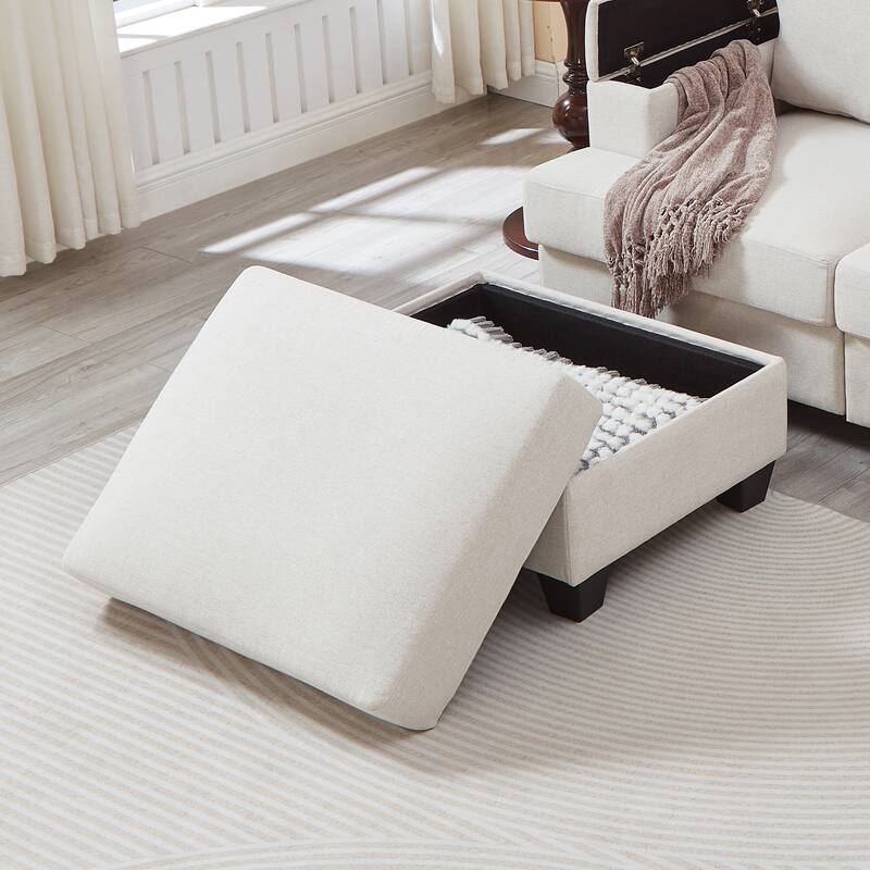 L Shaped 3 Seats Sofa with Armrest Organizer, Linen Sectional Sofa with Movable Ottoman, Comfy Upholstered 3 Seater Couch,