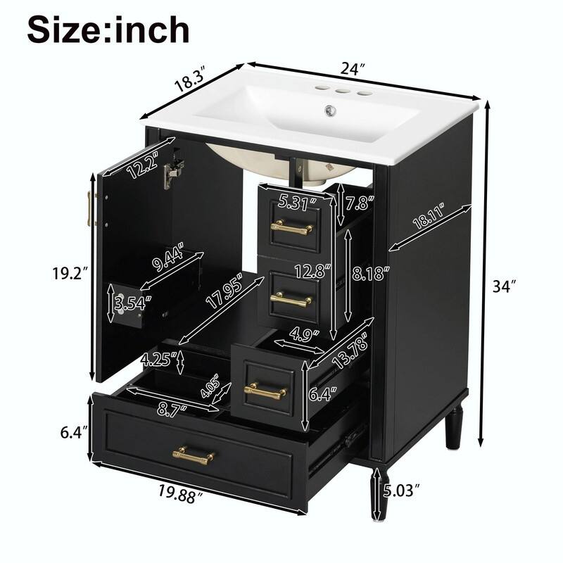 24" Modern Bathroom Vanity with Ceramic Sink, Soft-Close Door, 3 Drawers, Gold Handles & Door Rack