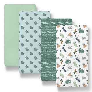 The Peanutshell Green Dino Bassinet Sheets for Newborn Baby Boy and Baby Girl, 4 Pack Set