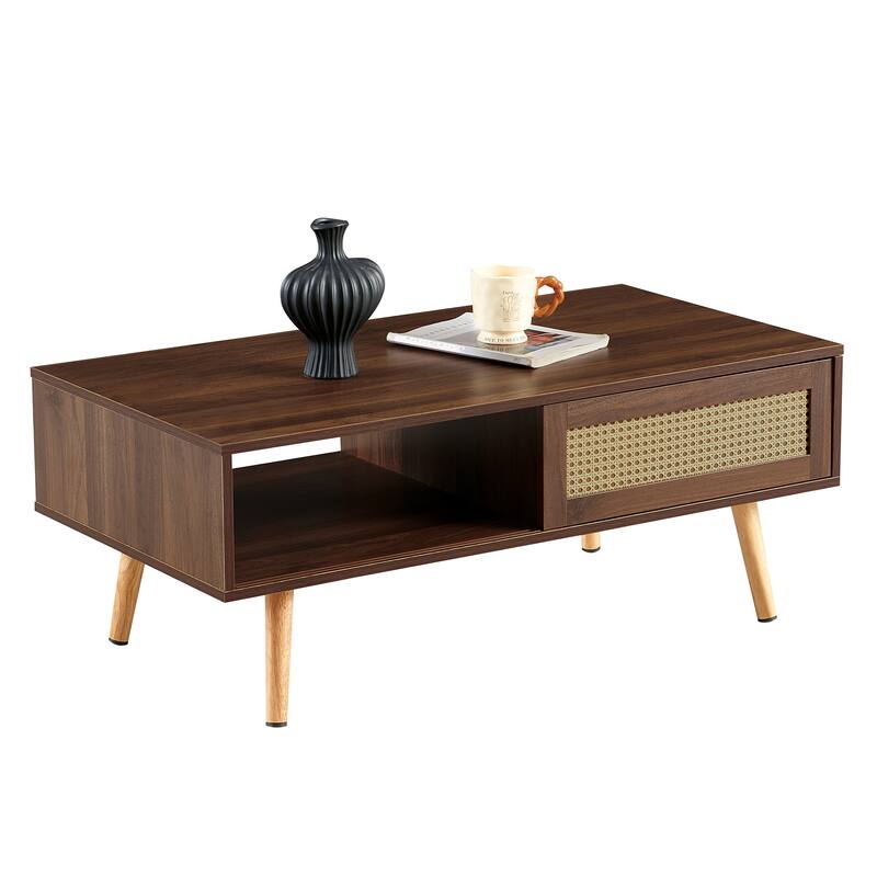Rectangle Coffee Table with Solid Wood Legs, Sliding Drawer for Storage, Modern Table for Living Room