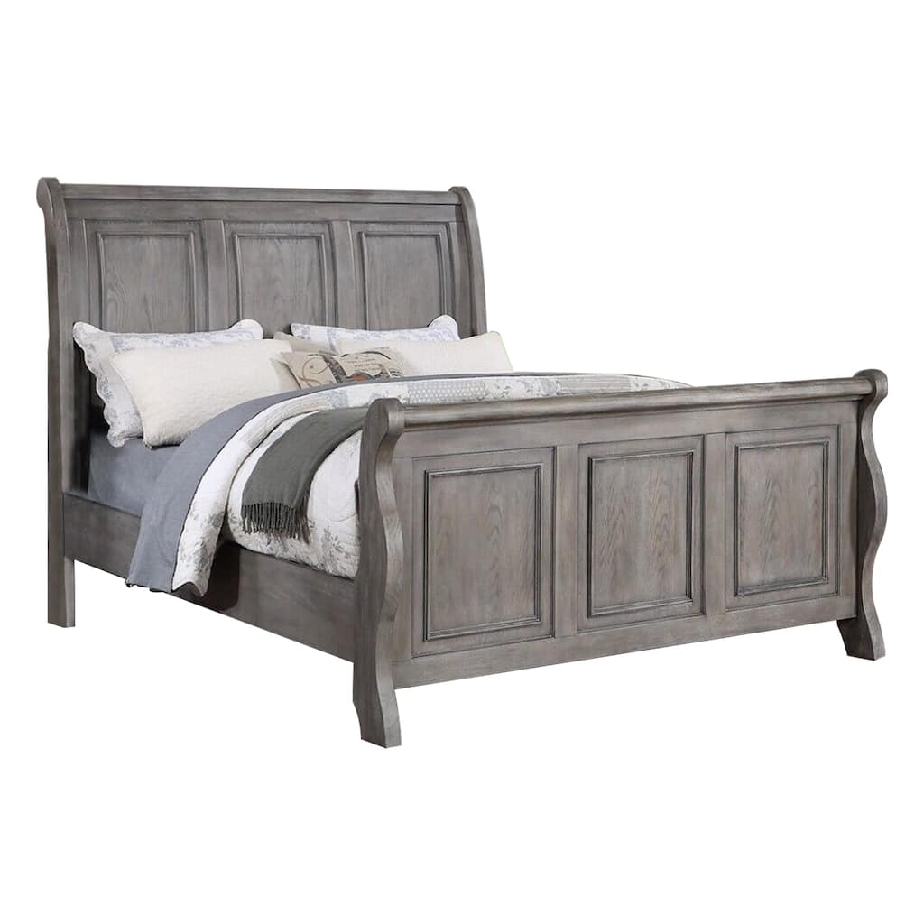 Demi Queen Size Bed, Sleigh Headboard, Tri Panel Molding, Oak Gray Wood