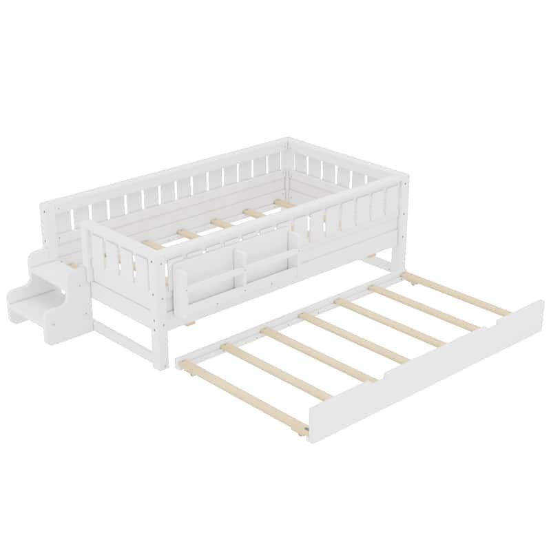 Full/Twin Loft Bed with Bookshelves, Safety Stairs & Trundle