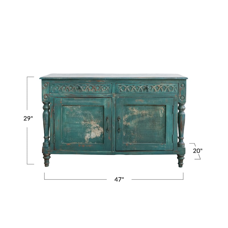 Distressed Hand-Painted Carved Mango Wood Vintage Reproduction Cabinet, Teal - 47.0"L x 20.0"W x 39.0"H