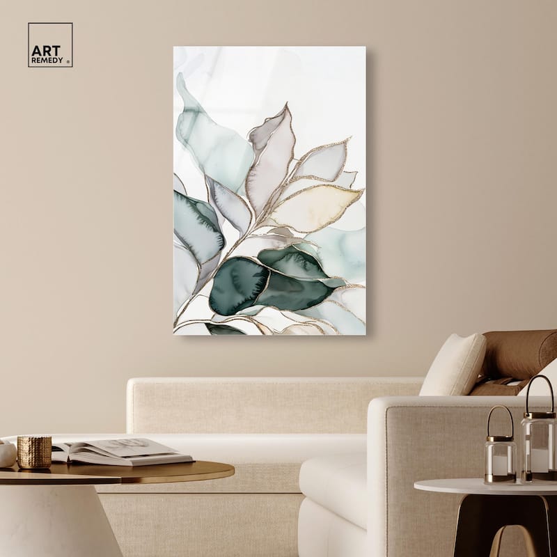 Pastel Leaves with Gold I Acrylic by Art Remedy, Ready to Hang