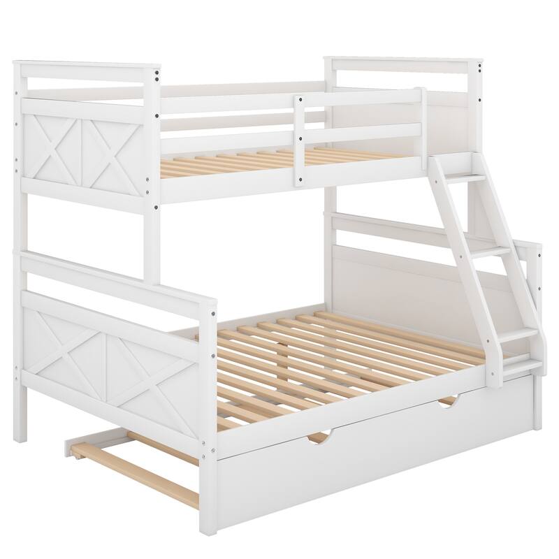 Twin over Full Bunk Bed with Ladder, Twin Size Trundle, Safety Guardrail with Headboard & Footboard