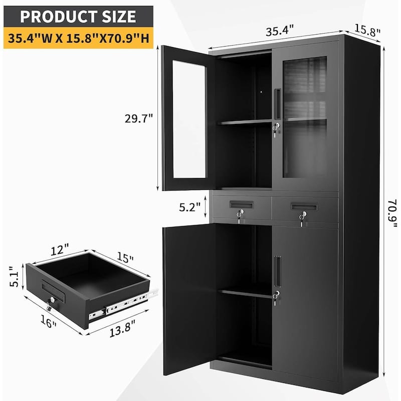 71" Black Metal Storage Cabinet with Glass Doors for Workshop, Office - N/A